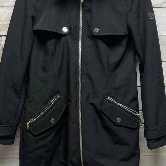 Michael Kors Trench Coat Womens Small Black Hooded Full Zip MK Logo Lined - Picture 5 of 15